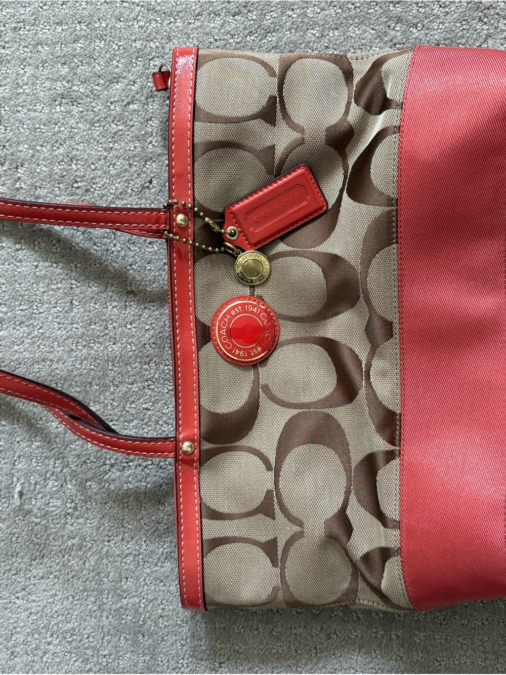 Coach Brown Signature Tote with Coral Trim